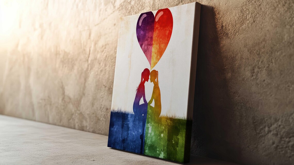 Two Women Kissing Rainbow Heart Watercolor LGBTQ Love Couple Poster