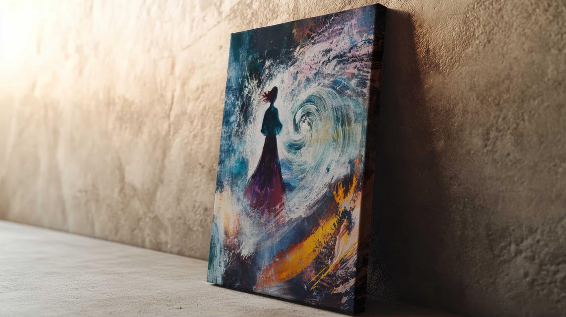 Woman Silhouette Before Swirling Storm Sea Wave Modern Art Print