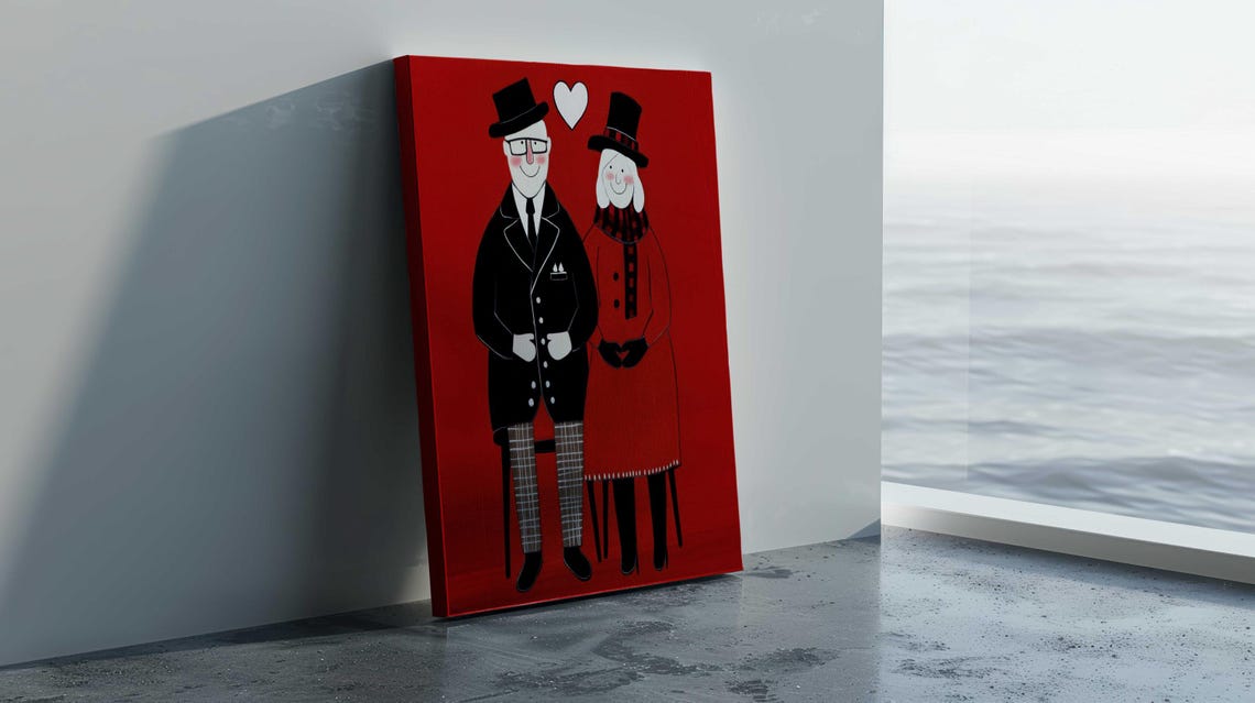 Romantic Vintage Elderly Couple Red Heart Love Canvas Poster