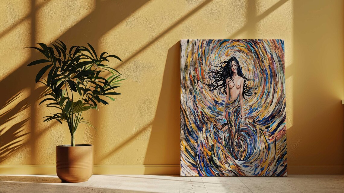 Nude Woman Long Black Hair Swirling Colorful Vortex Oil Art Poster - Image 4