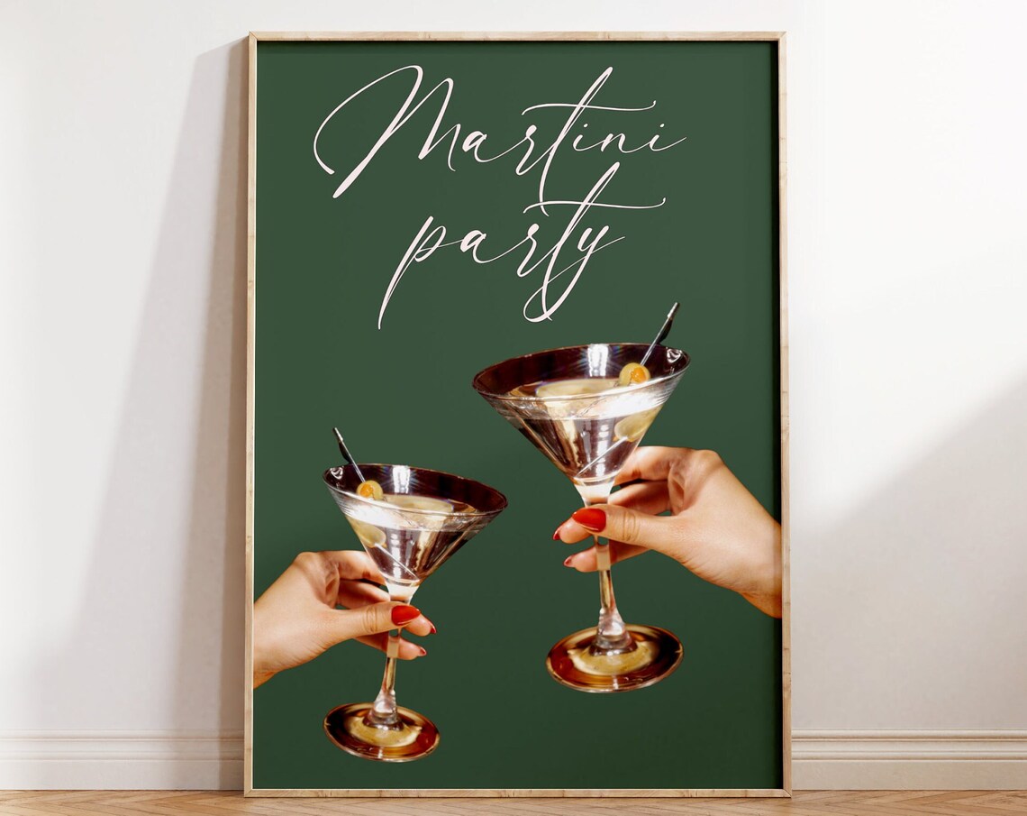 Martini Party Poster Fancy Martini Glass Wall Art Dirty Martini Cocktail Print Trendy Green Wall Art 90s Party Vintage Bar Cart Print - Image 5