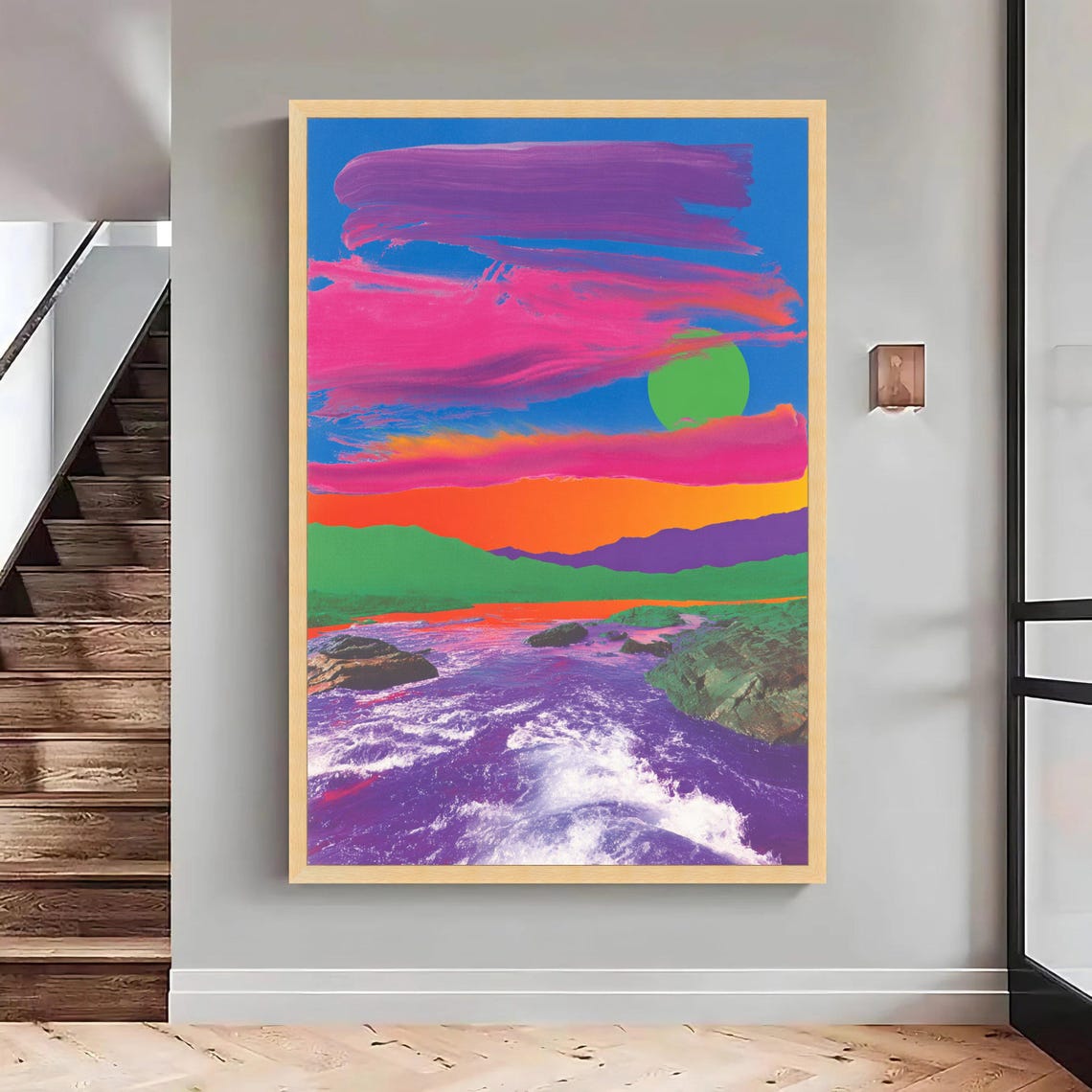 Psychedelic Neon Sunset River Landscape Vivid Purple Sky Poster