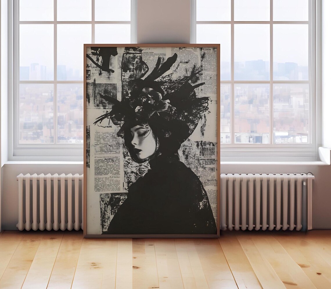 Dramatic Black And White Newspaper Woman Portrait Fashion Wall Art - Image 2