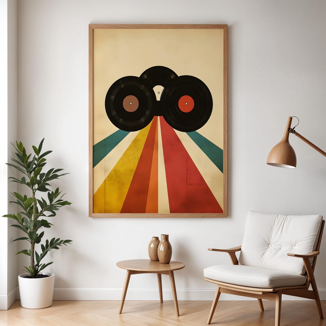 Three Retro Vinyl Records On A Cream Vintage Sunburst Art Poster - Image 4