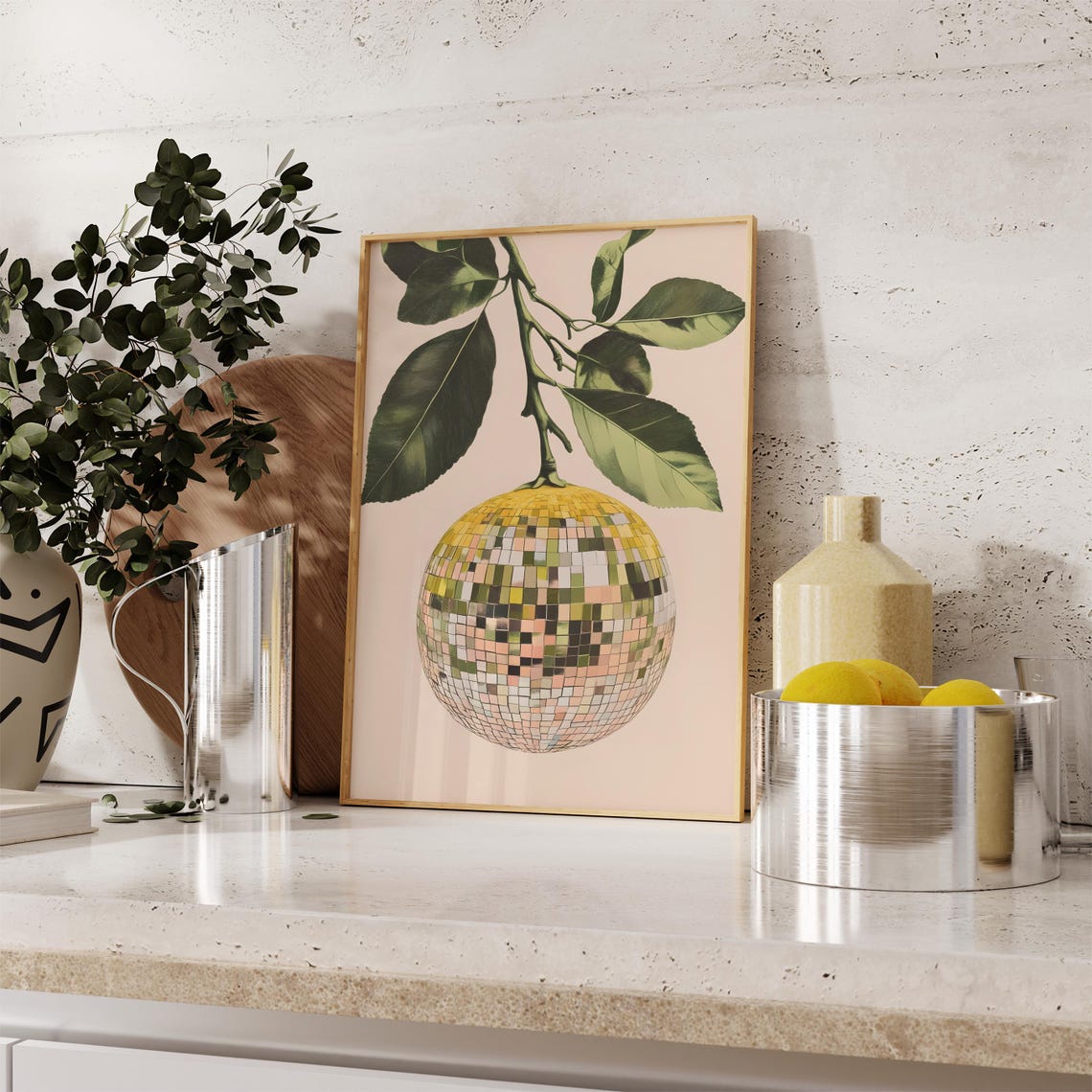Vintage Lemon Tree Branch Disco Ball Mirror Tile Botanical Wall Art - Image 3