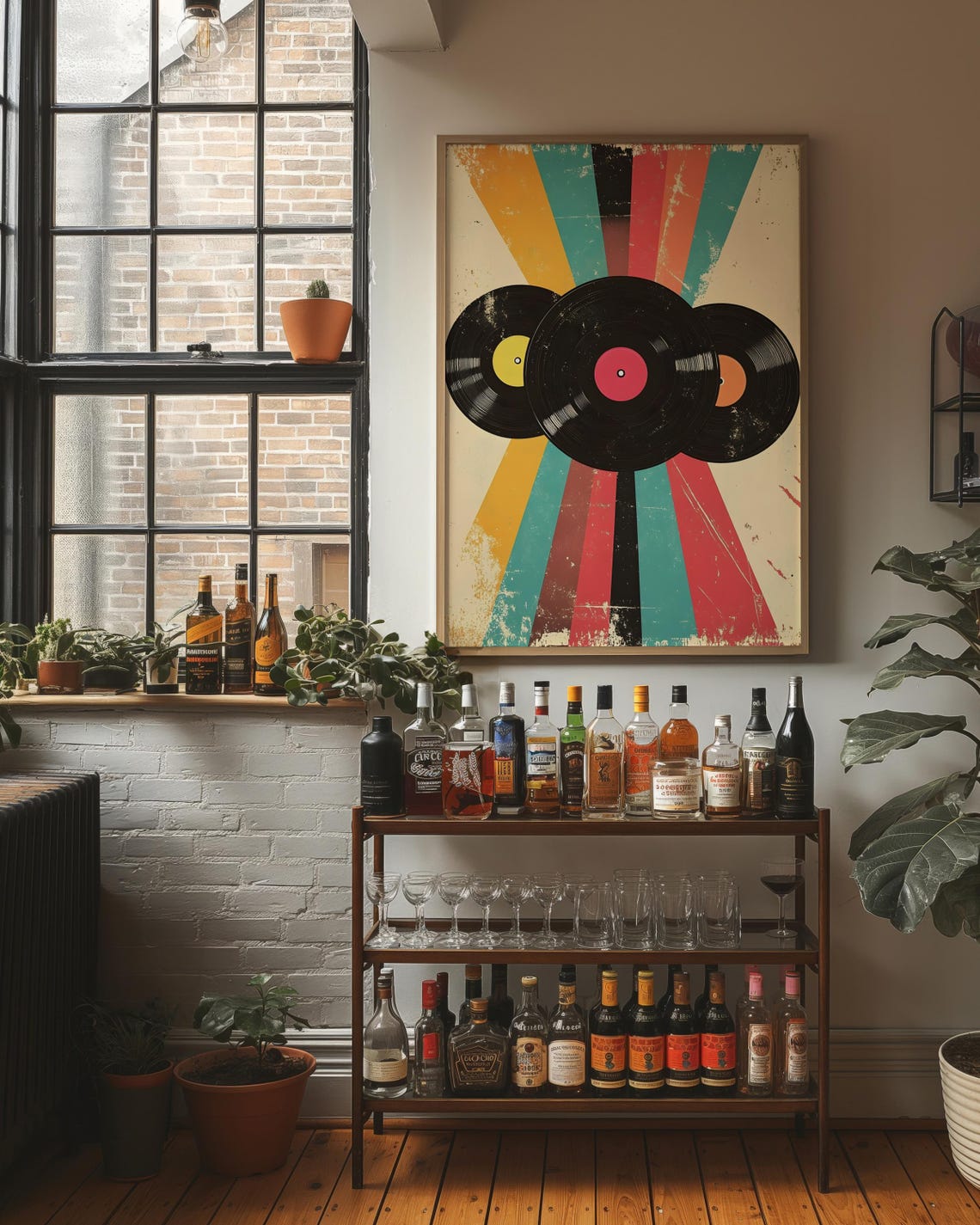 Three Retro Vinyl Records Over A Vibrant Colorful Sunburst Poster - Image 3