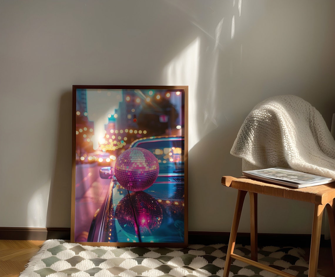 Disco Ball On A Classic Car Hood Under City Lights At Night Poster - Image 3