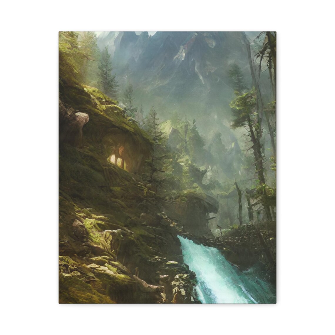 Misty Mountain Waterfall Forest Stream Nature Painting Poster