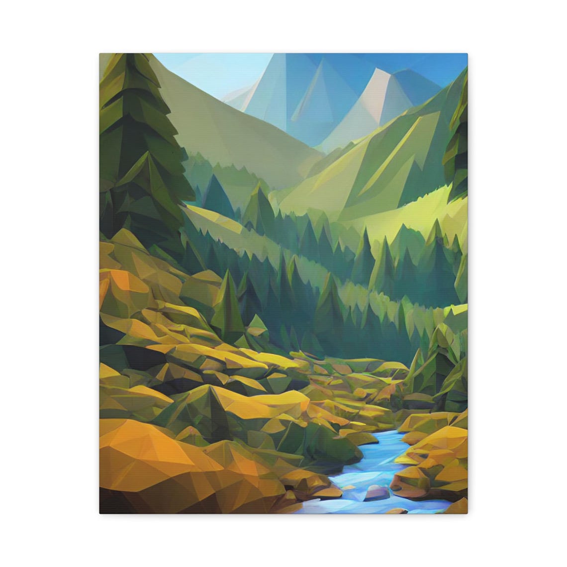 Geometric Low Poly Mountain Stream Pine Forest Landscape Poster