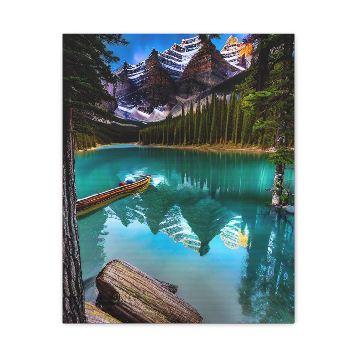 Turquoise Alpine Lake Canoe Snowy Peaks Mirror Reflection Art Poster