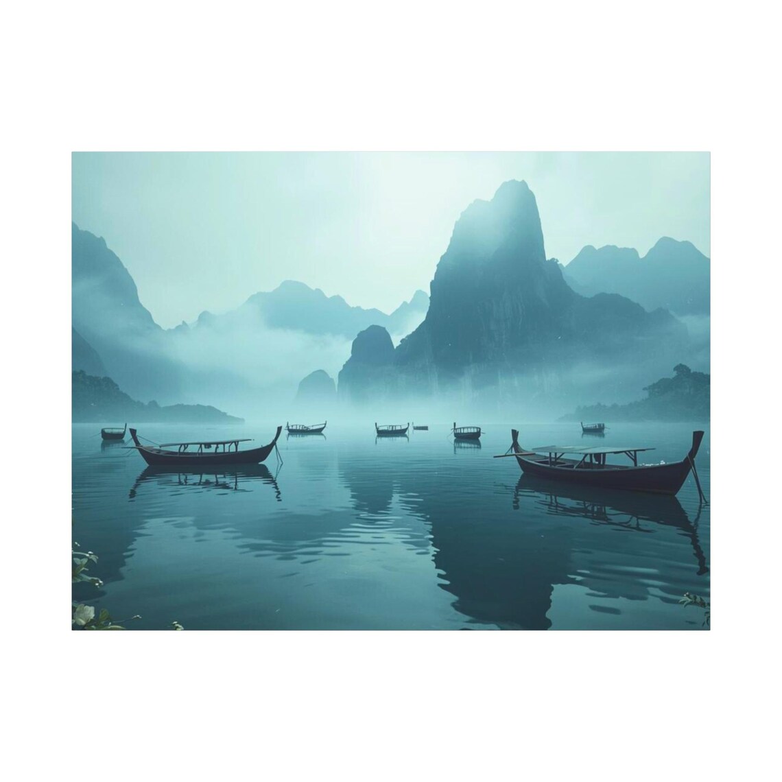 Misty Karst Bay Wooden Boats Tranquil Morning Seascape Poster