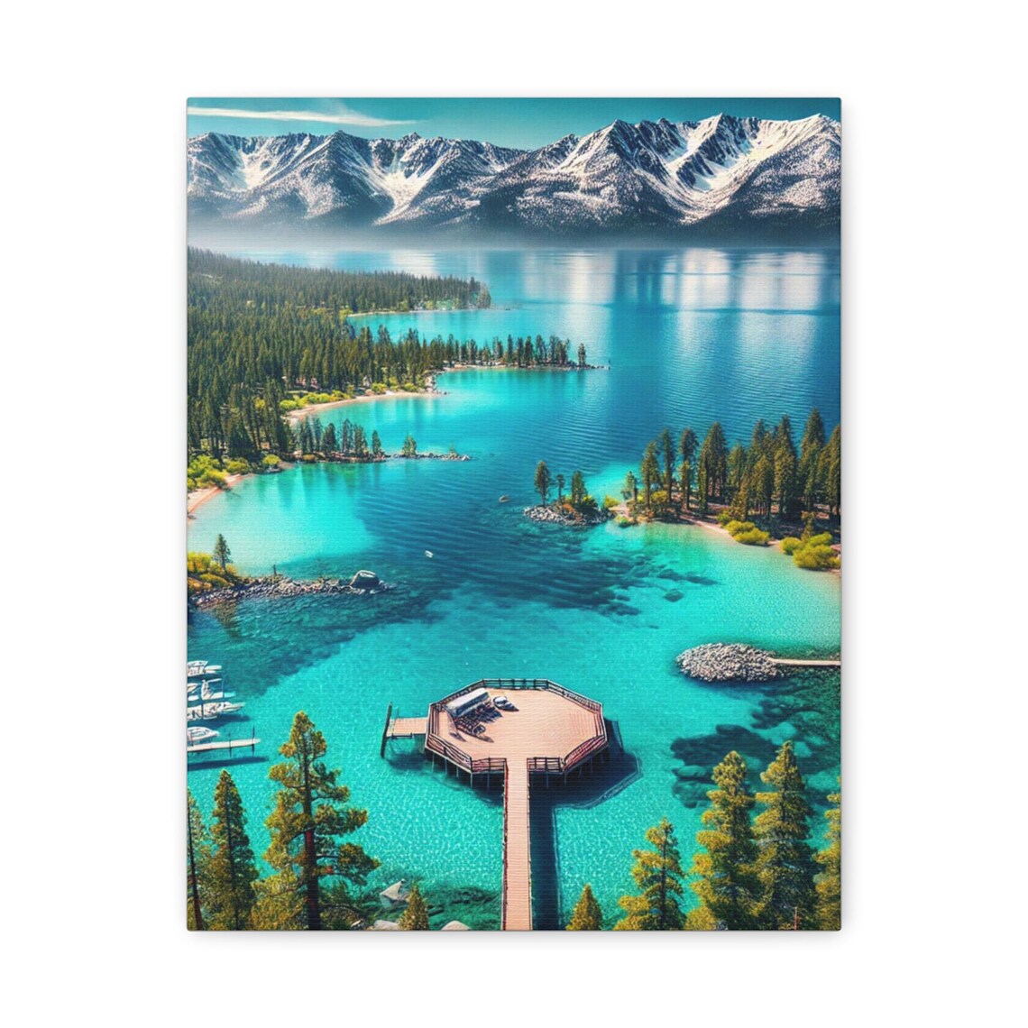 Turquoise Mountain Lake with Wooden Pier and Snowy Peaks Art Poster