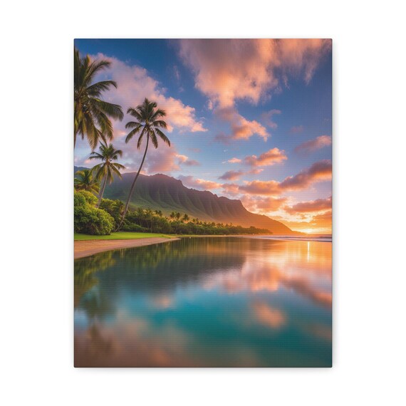 Tropical Sunset Beach with Palm Trees and Mountain Reflection Art Poster