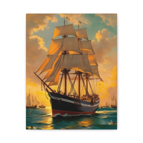 Tall Ship Full Sails Golden Sunset Ocean Voyage Nautical Print