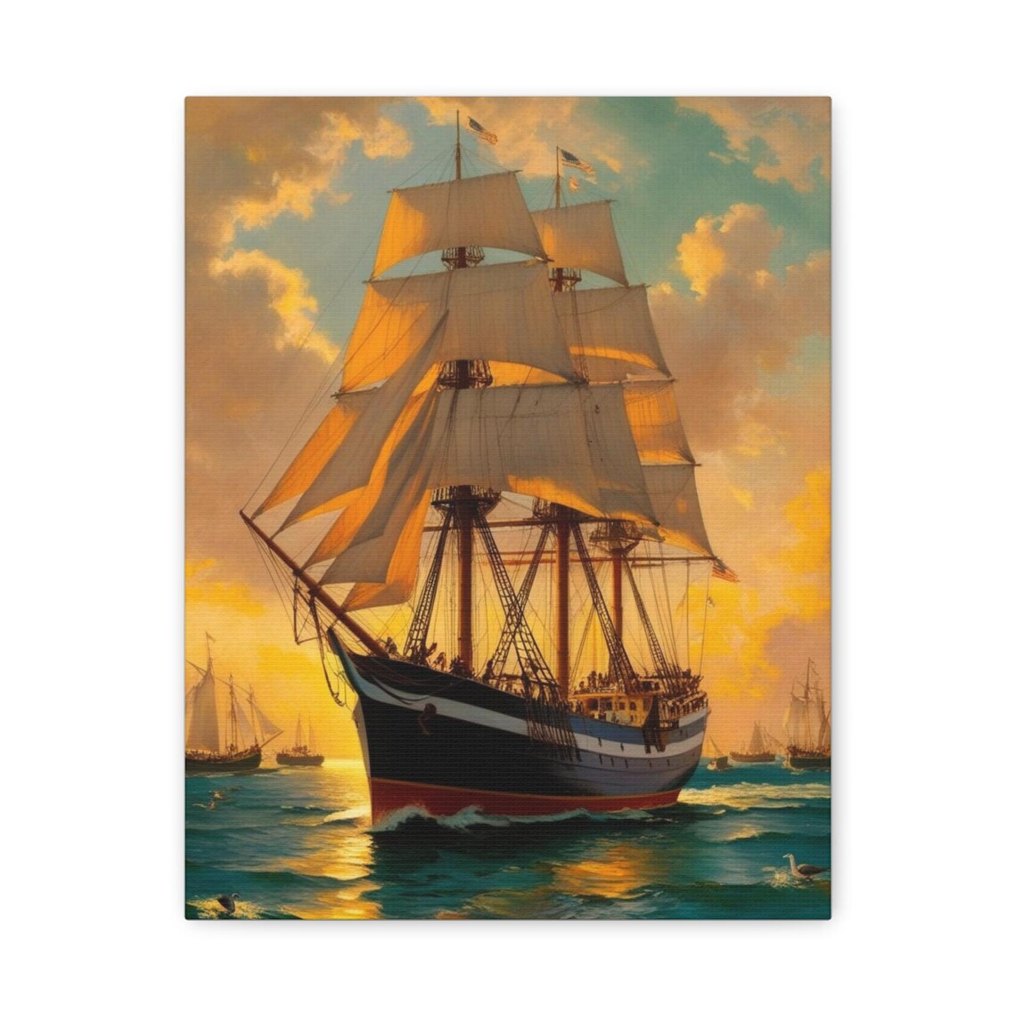 Tall Ship Full Sails Golden Sunset Ocean Voyage Nautical Print