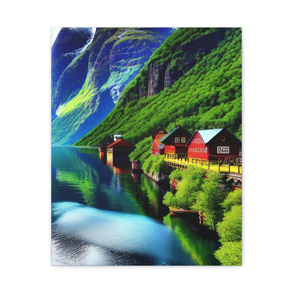 Scandinavian Fjord Red Cabins Mirror Water Mountain Village Poster