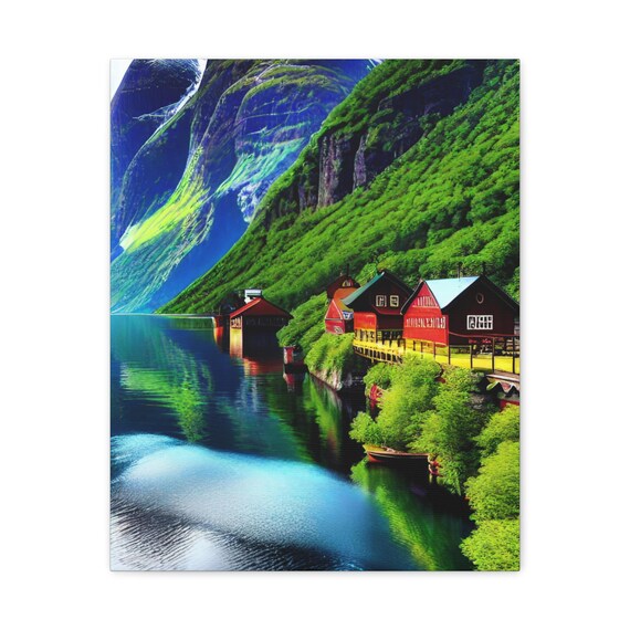 Scandinavian Fjord Red Cabins Mirror Water Mountain Village Poster