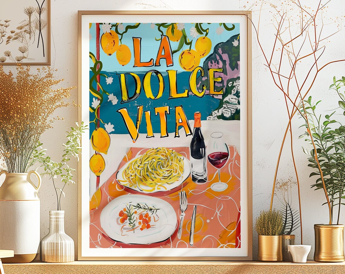 La Dolce Vita Italian Pasta Red Wine Lemon Retro Food Poster
