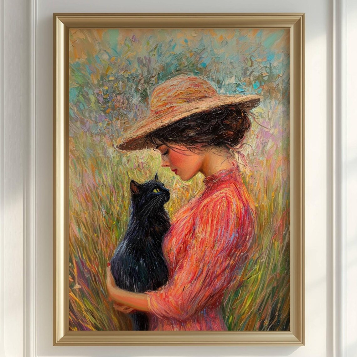 Impressionist Woman Hugging a Black Cat in a Flower Meadow Poster
