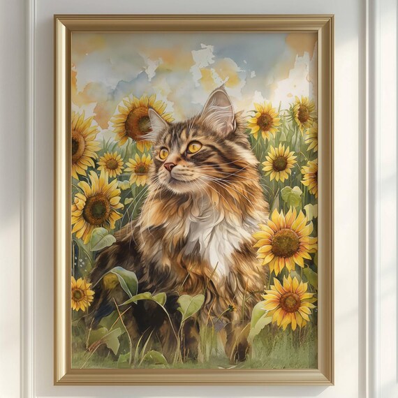 Maine Coon Cat In A Sunflower Field Watercolor Painting Poster