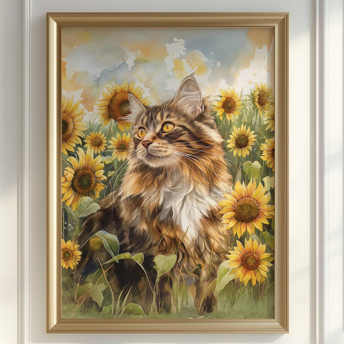 Maine Coon Cat In A Sunflower Field Watercolor Painting Poster