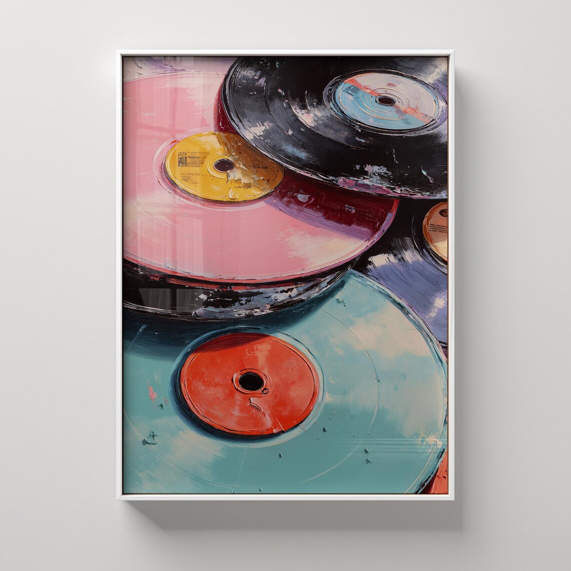 Colorful Stacked Vinyl Records Oil Painting Retro Music Poster