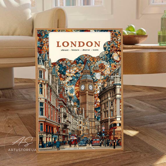 London Print Vintage Travel Poster With Retro Street Scene Cityscape Art Detailed Architectural Illustration