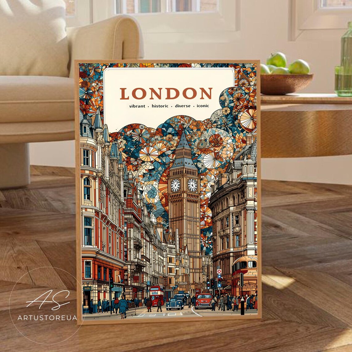 London Vintage Travel Poster Big Ben Retro Street Scene Iconic City Art