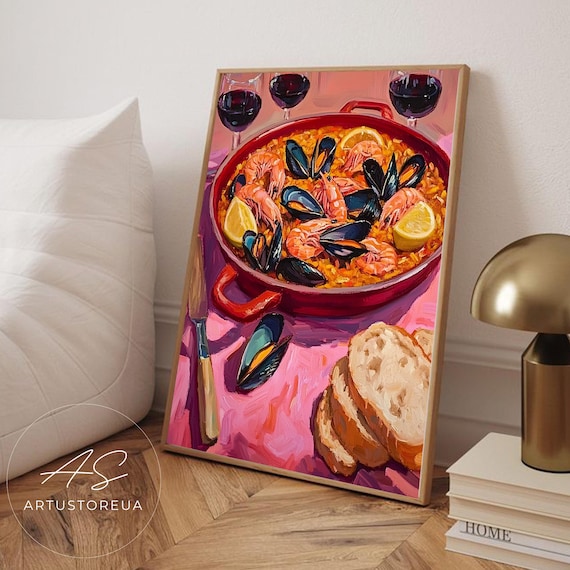 Seafood Paella Dinner Art Print, Spanish Cuisine