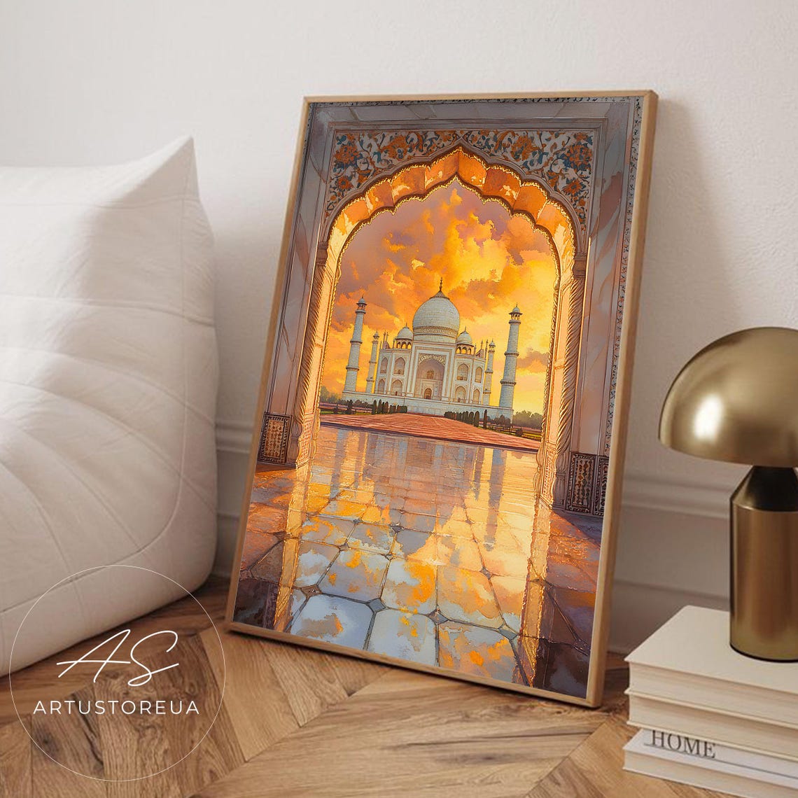 Golden Taj Mahal Sunset Through Ornate Archway India Travel Poster