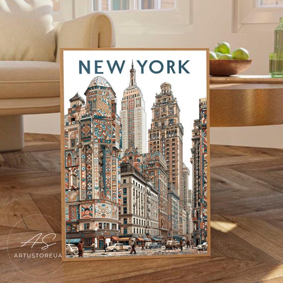New York Print Vintage City Travel Poster With Retro Street Scene Nyc Cityscape Art Detailed Architectural Illustration