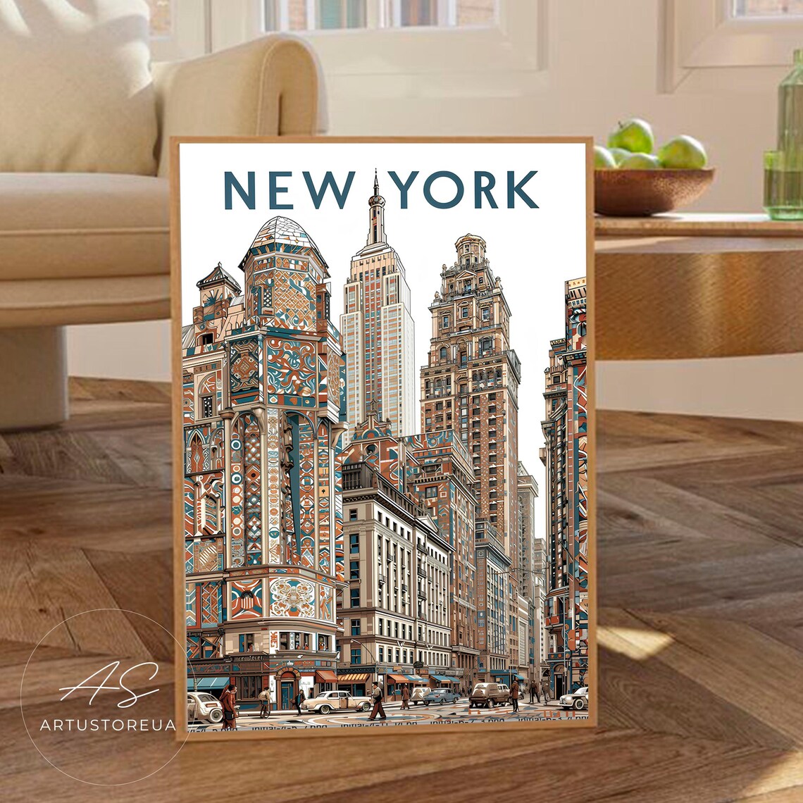 New York Print Vintage City Travel Poster With Retro Street Scene Nyc Cityscape Art Detailed Architectural Illustration