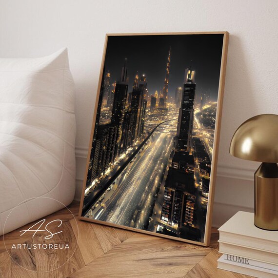 Dubai Poster Night Skyline Cityscape Artwork Vintage Wall Art Decor Modern Architecture