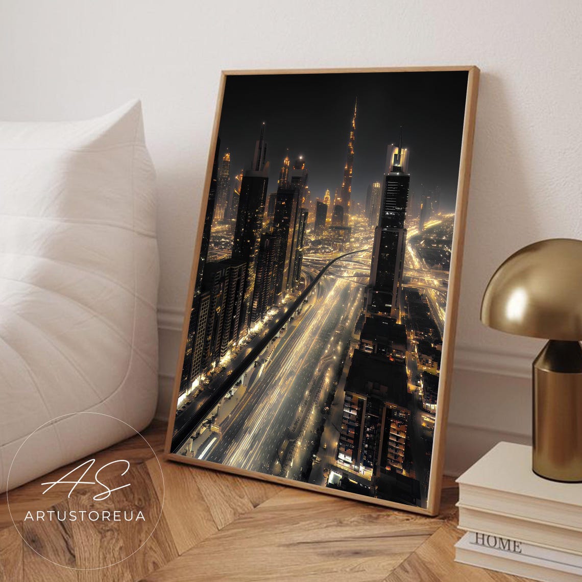 Dubai Night Skyline Golden Light Trails Cityscape Photo Poster