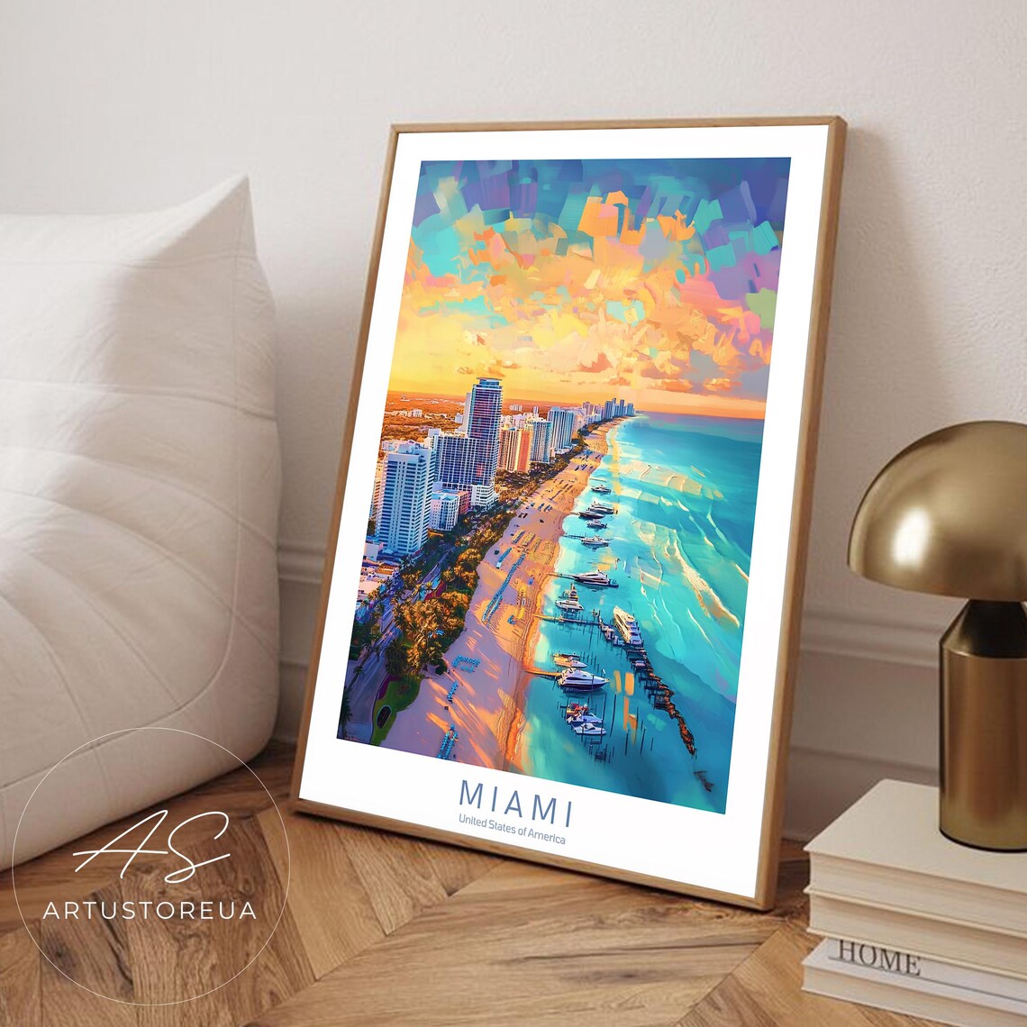 Miami Aerial Beach And Skyline At Sunset United States Travel Poster