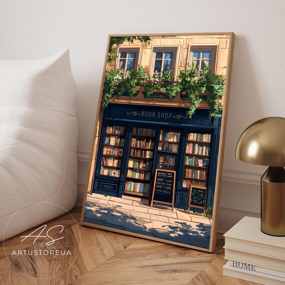 Charming French Bookshop Storefront With Flower Boxes Illustration Poster