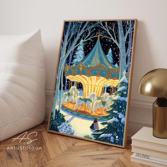 Christmas Print Magical Winter Carousel In Enchanted Forest Whimsical Snowy Night Scene Nursery Wall Decor Illustration Art