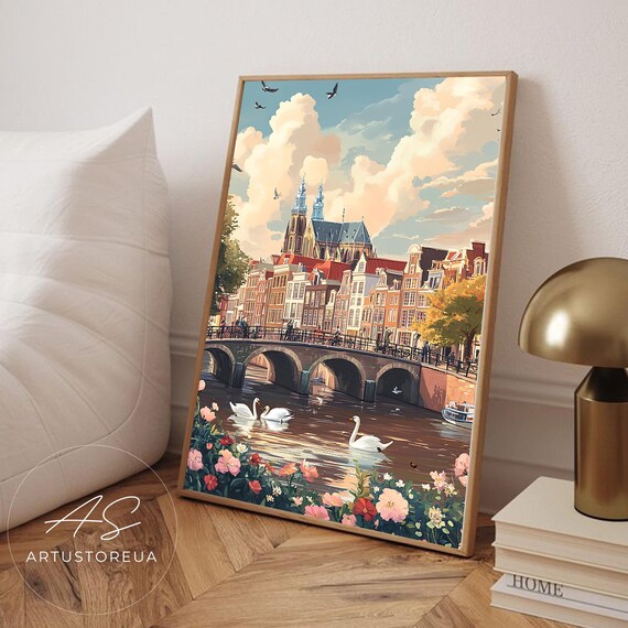Amsterdam Dutch Travel Poster, Pastel Canal Scene