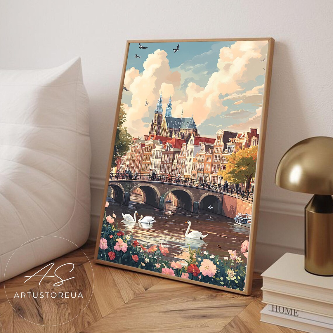 Amsterdam Dutch Travel Poster, Pastel Canal Scene
