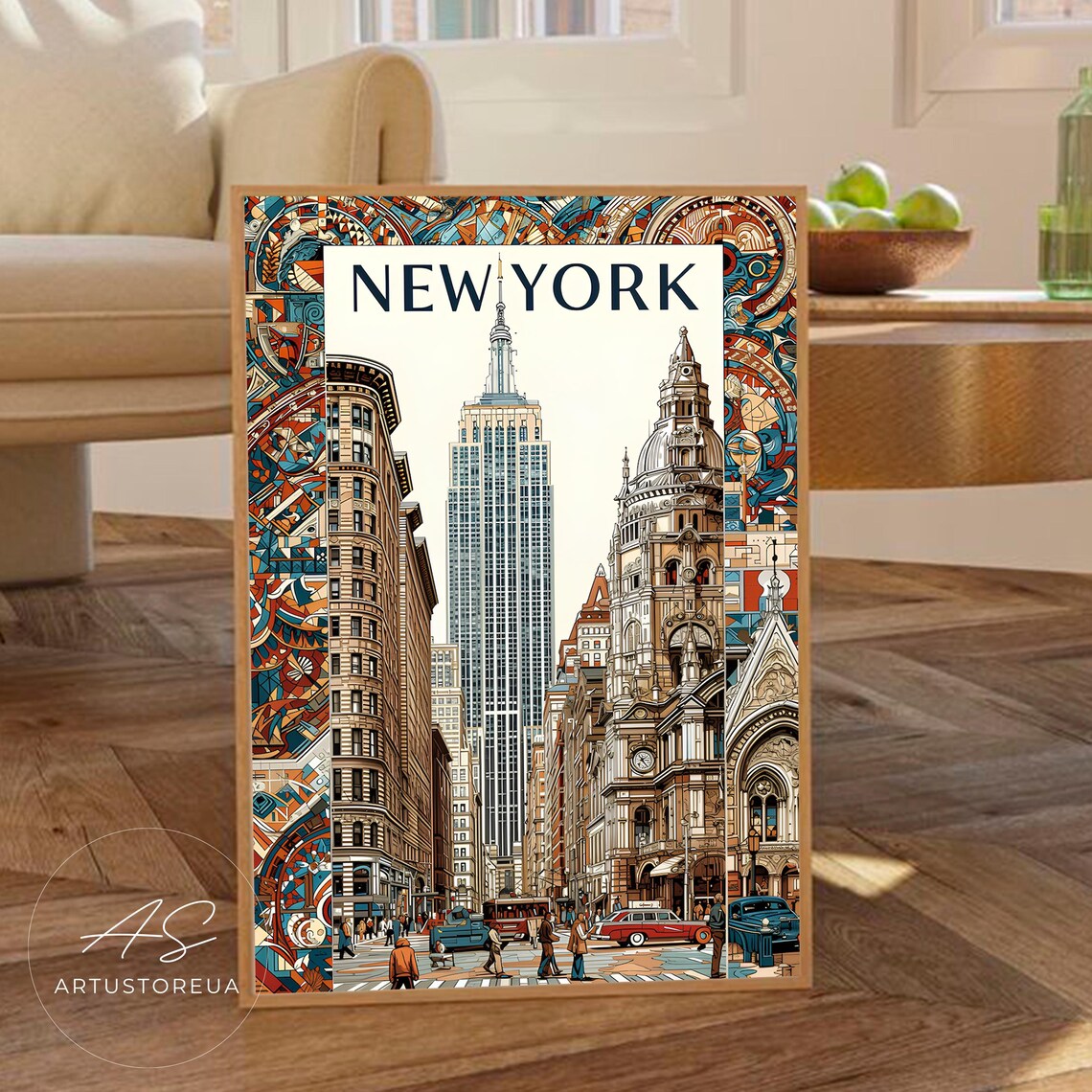 New York Vintage Travel Poster, Retro Street Scene