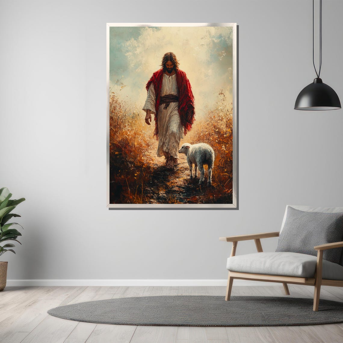 Jesus and His Lamb Walking Through Golden Autumn Field Poster - Image 3