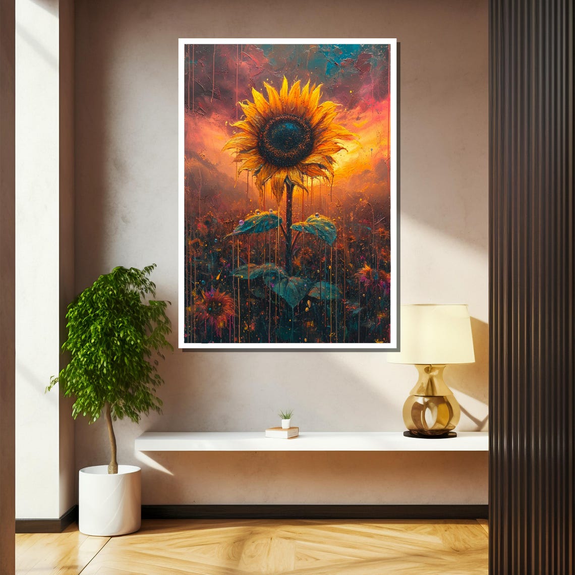 Tall Sunflower In Psychedelic Sunset Field Surreal Floral Wall Art - Image 2