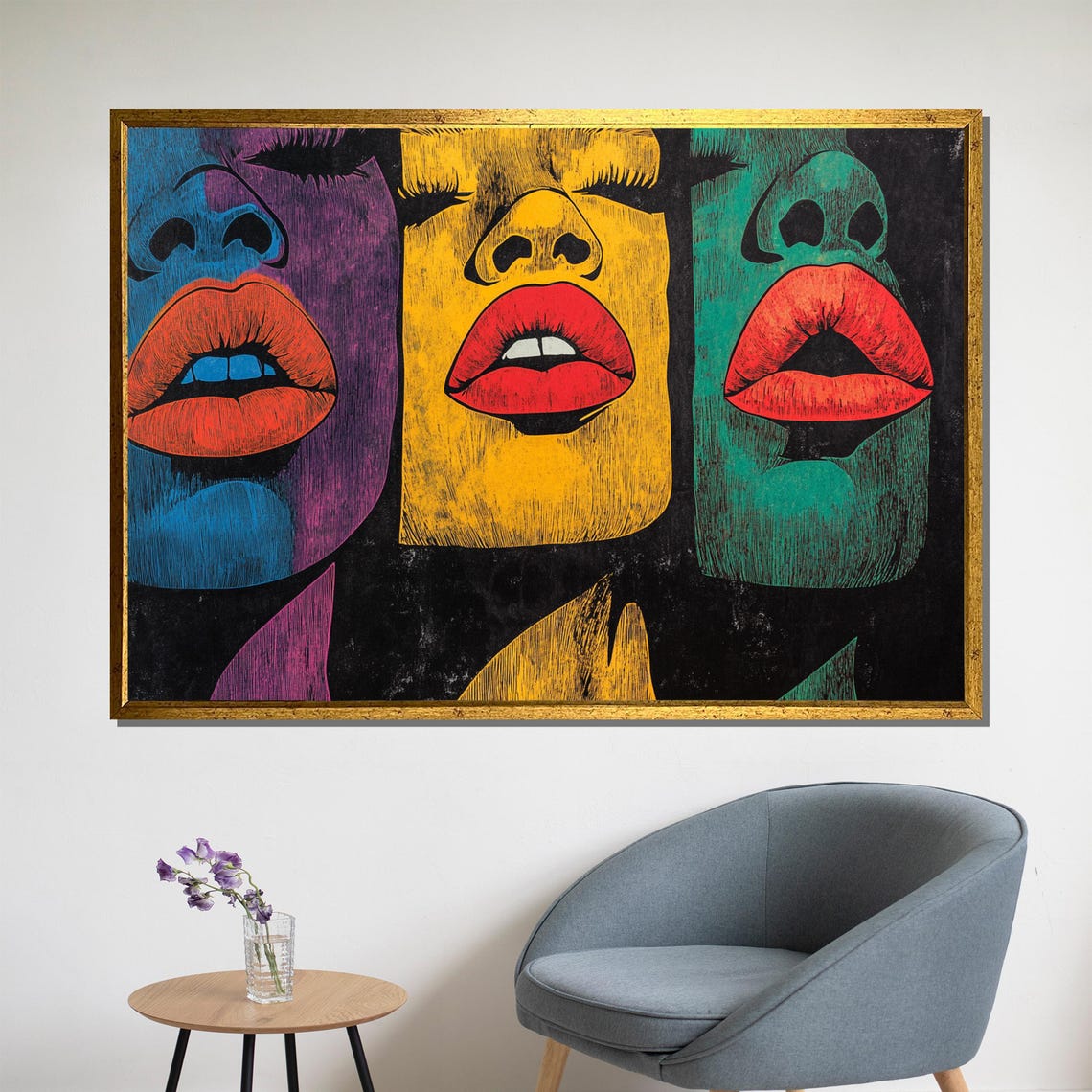 Pop Art Trio Of Faces With Bold Red Lips In Bright Colors Poster