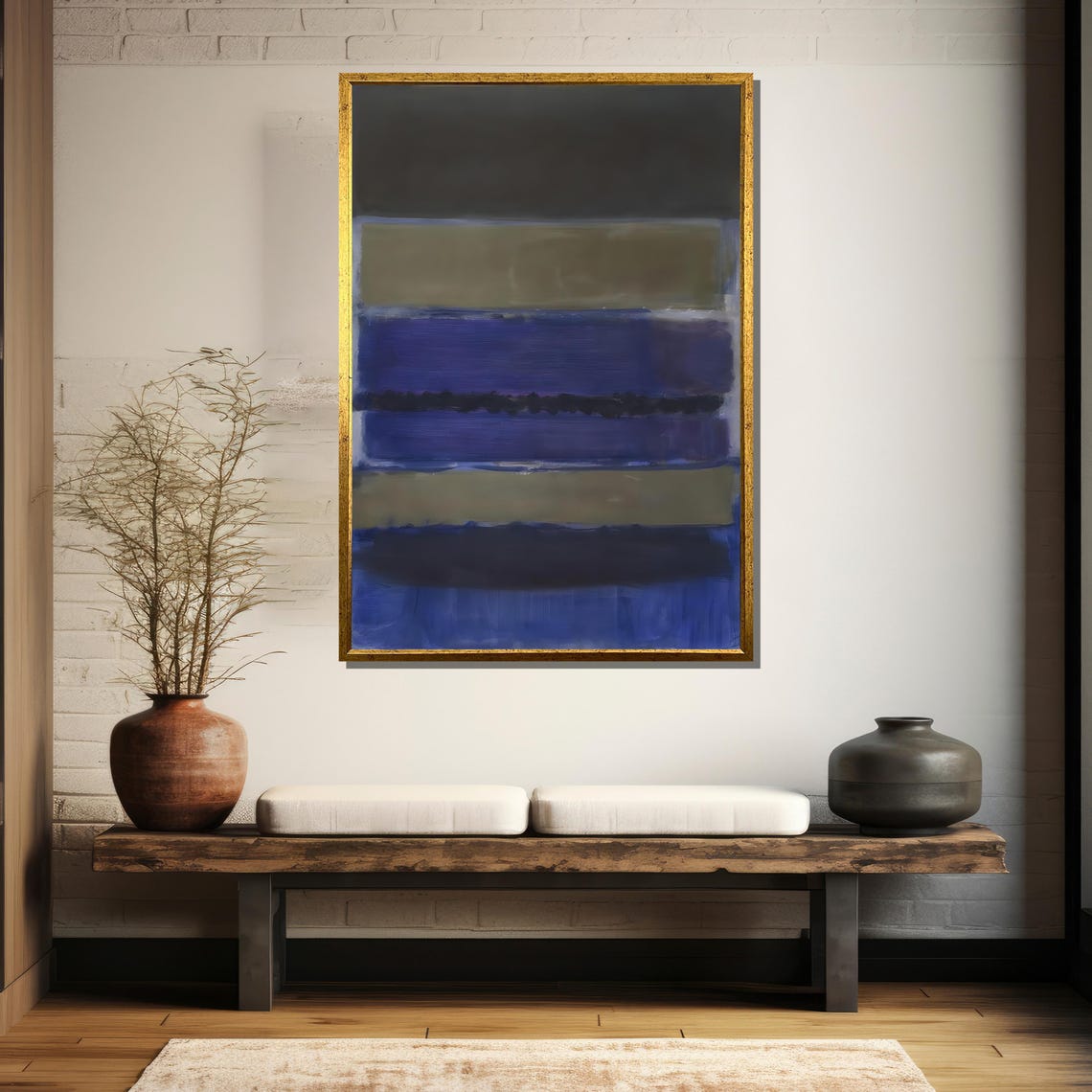 Layered Deep Blue And Olive Green Stripes Abstract Art Poster - Image 5