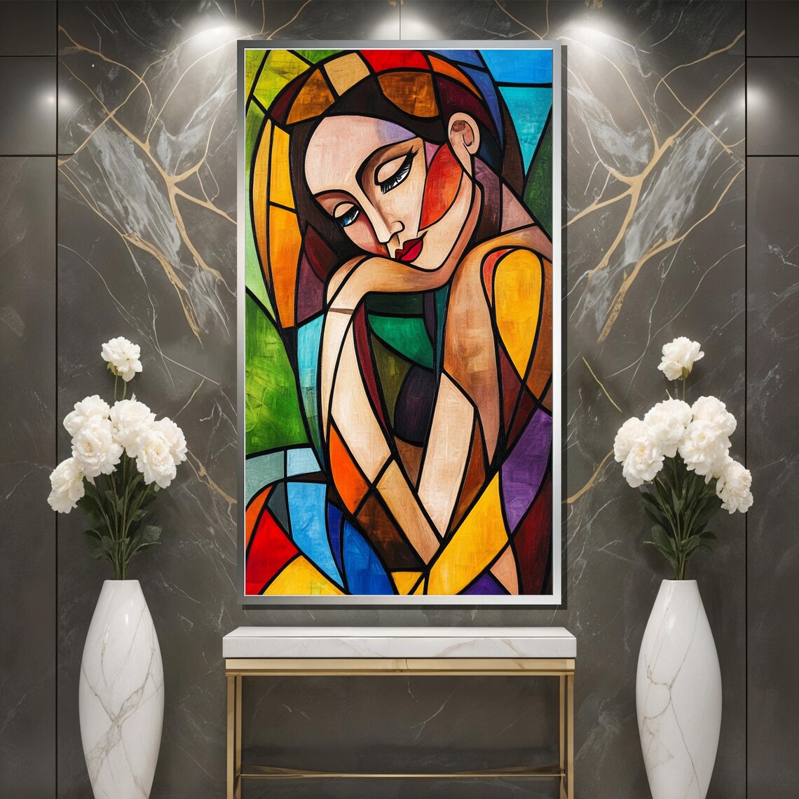 Colorful Cubist Woman Portrait in Faceted Stained Glass Style Poster - Image 3