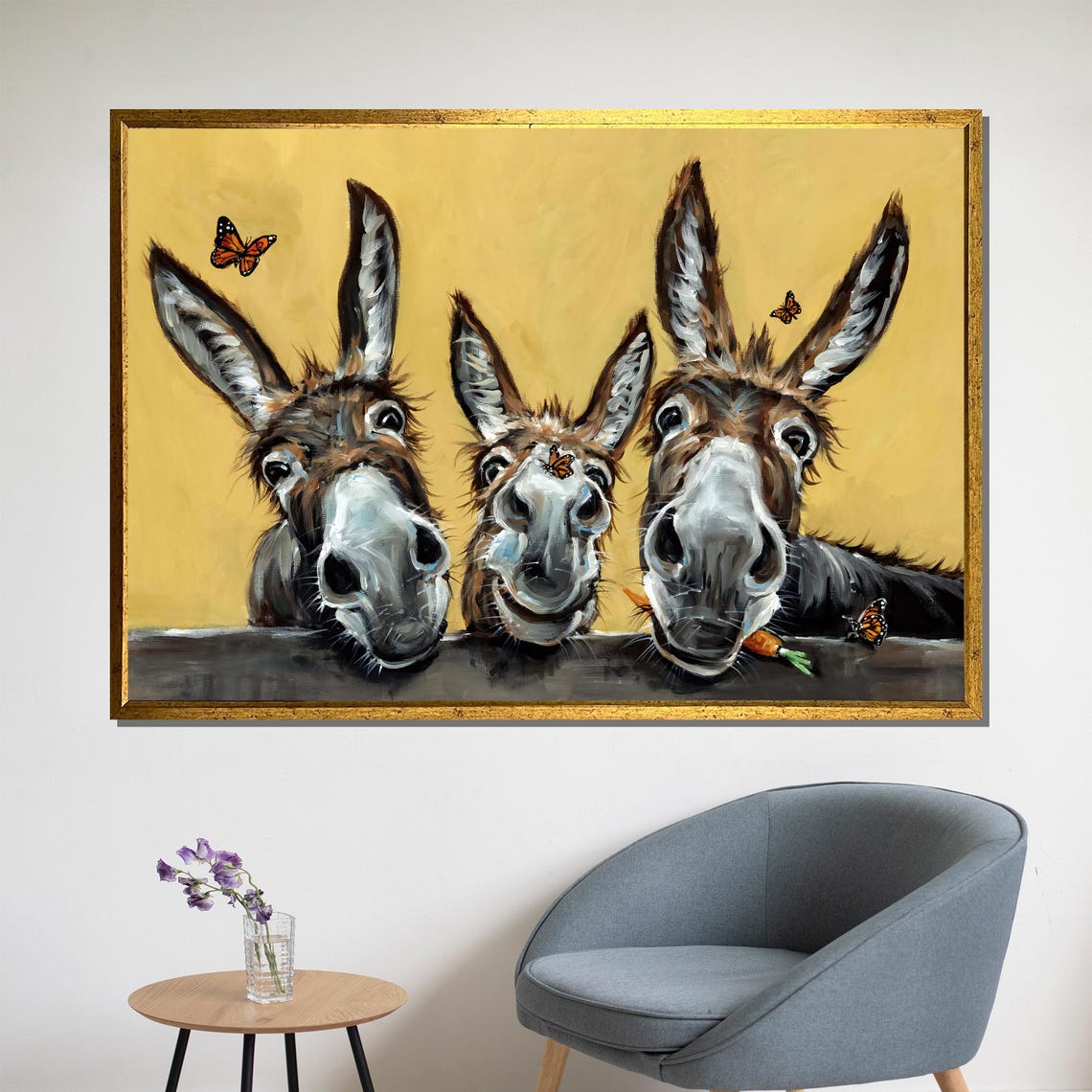 Three Playful Donkeys Peeking Over Wooden Fence Humor Wall Poster