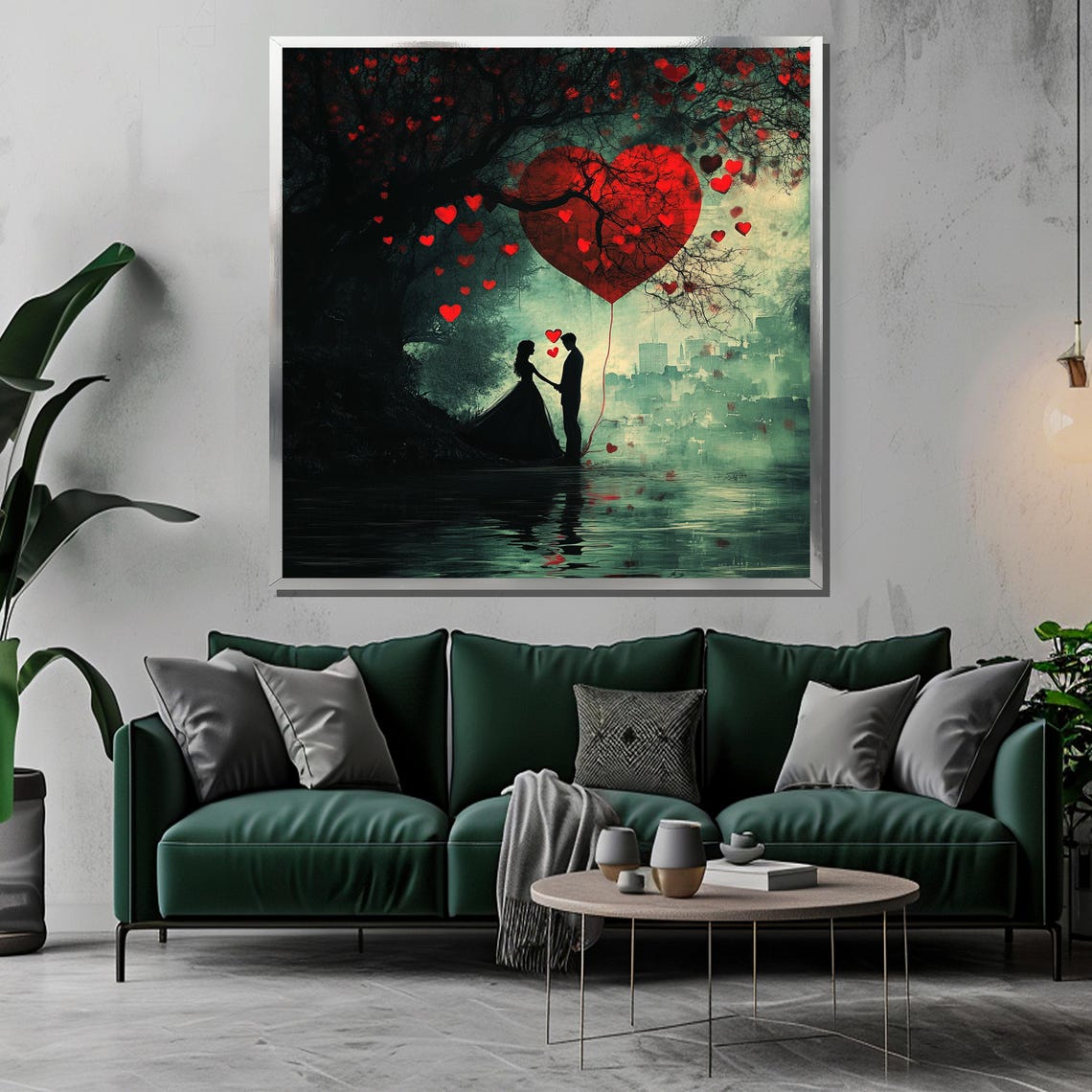 Lovers Silhouette Under Red Heart Tree by Teal Moonlit Lake Poster - Image 3