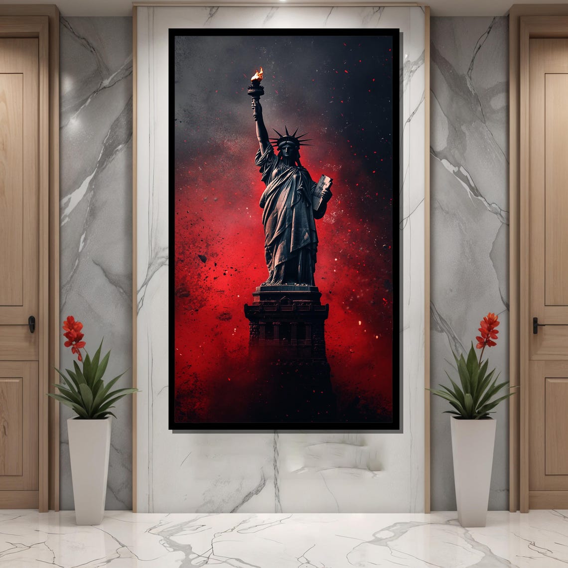 Dark Statue Of Liberty Beneath A Dramatic Red Storm Sky Poster - Image 4