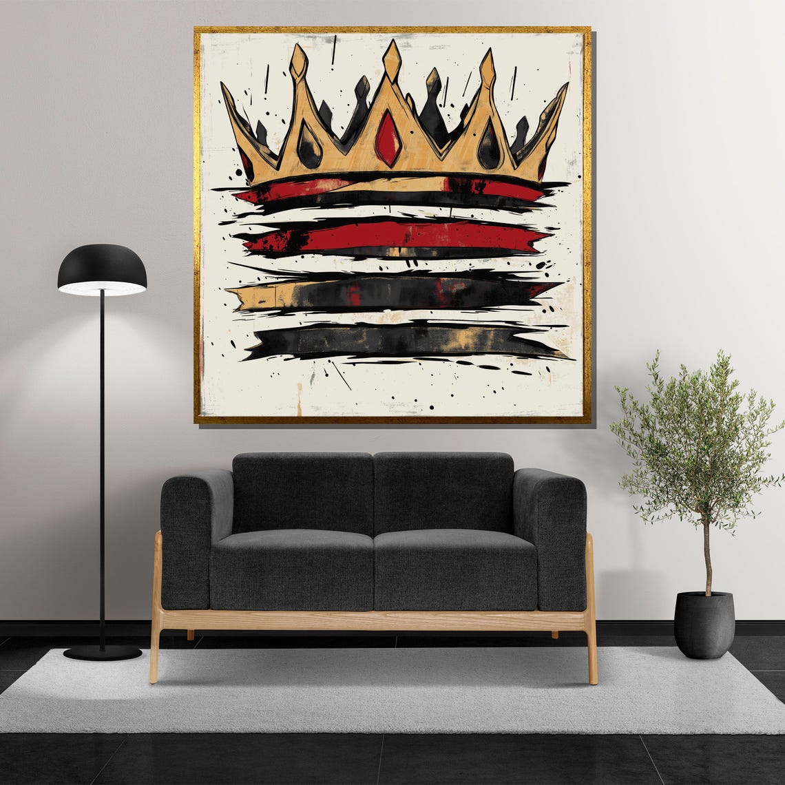 Gold Crown over Distressed Stripes in Red Black and Gold Paint Poster - Image 5