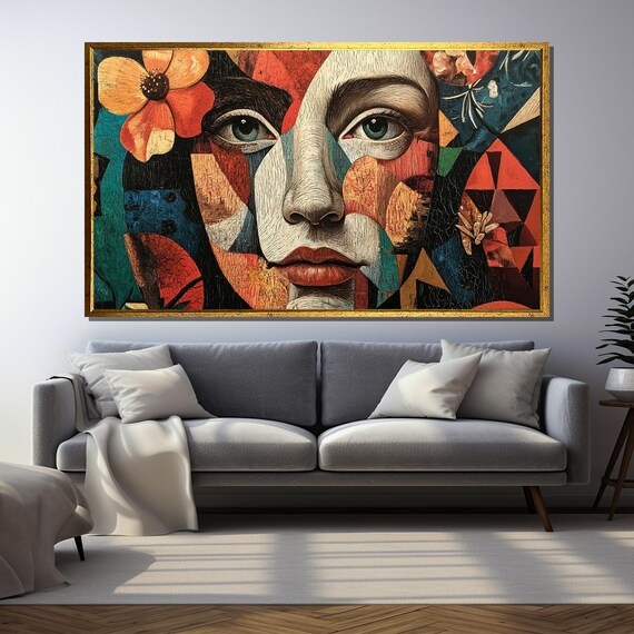Cubist Woman Portrait with Orange Flower in Geometric Pop Style Poster